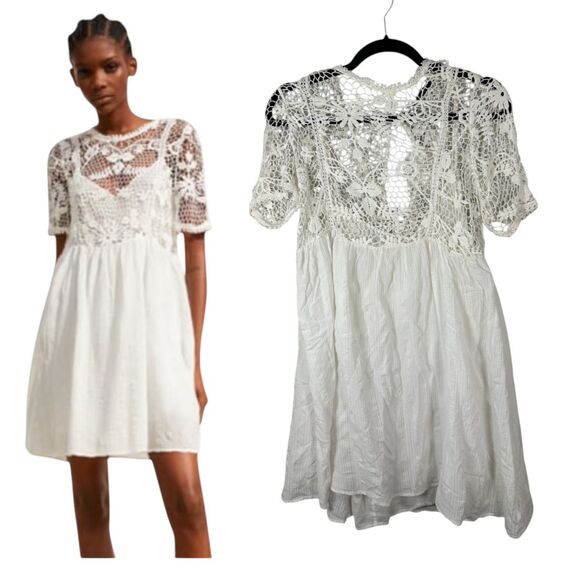 Zara White Crochet Lace Gauzy Babydoll Mini Dress Size XS NEW with Tags - Picture 1 of 8